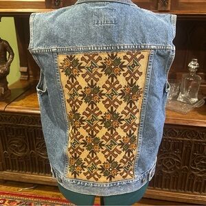 Gitano Denim Vest with Southwestern Aztec Cross Stitch Embellishment
